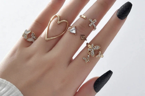 Gold Plated Contemporary Butterfly-Heart Stackable Rings Set of 5 For Women