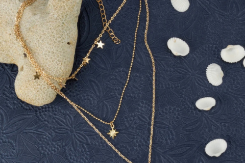 Stunning AD Moon & Star Design Gold Plated Chain Necklace For Women