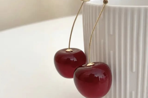Cherry Drop Earrings with Crystal Studs, Red and Gold, Fashion Jewellery