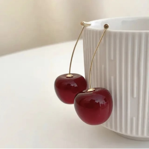 Cherry Drop Earrings with Crystal Studs, Red and Gold, Fashion Jewellery