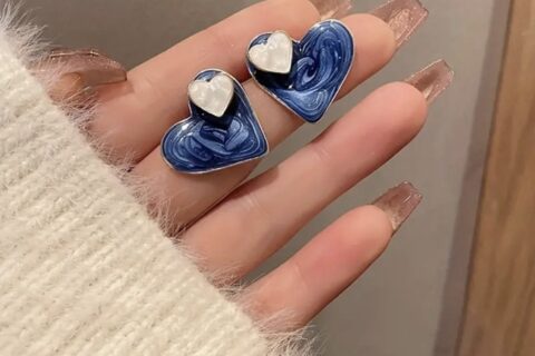 Enamel Blue Heart Stud Earrings