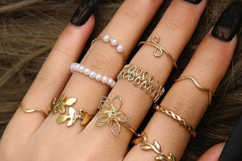 Set of 10 Gold Plated Adjustable Floral Finger Ring For Women