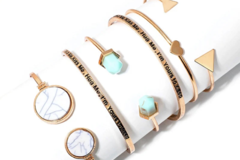 Gold Plated Contemporary Stackable Korean Bracelet with Quotes (Pack of 6)