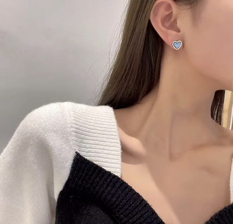 Korean Blue Heart Stud Earrings - Image 3