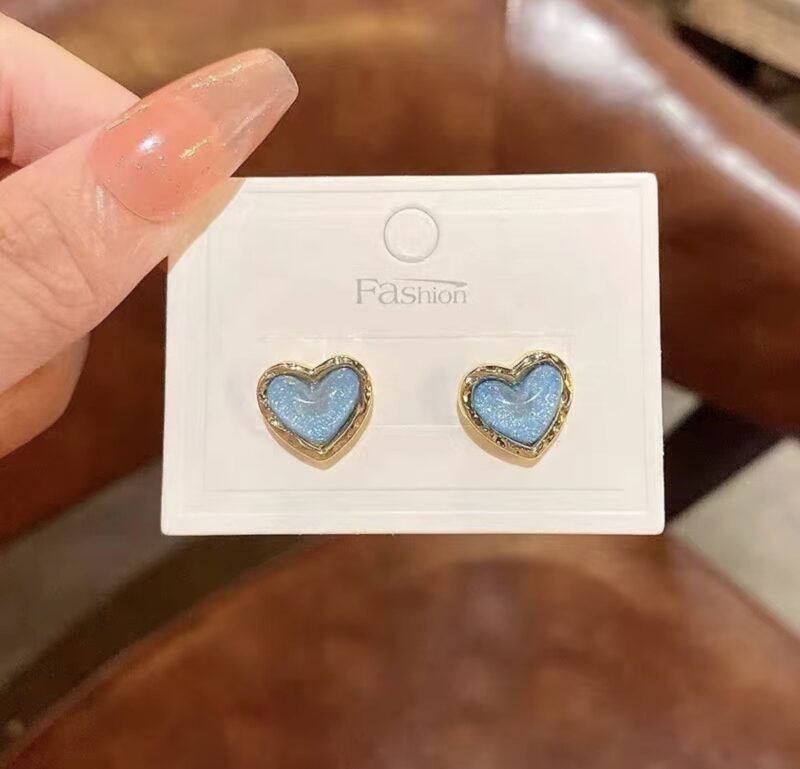 Korean Blue Heart Stud Earrings