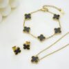 Stainless Steel Gold Plated Set Of Black Anti Tarnish Clover Jewellery Set For Girls And Women