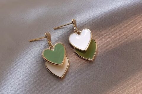 Triple Heart Enamel Green Tone Earrings