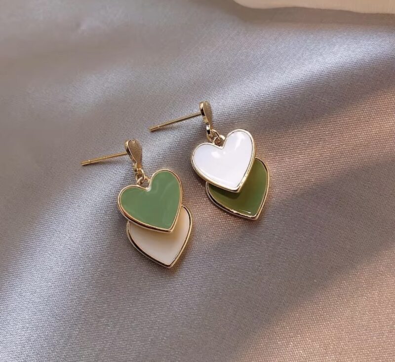 Triple Heart Enamel Green Tone Earrings