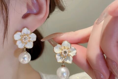 White Floral Enamel and Pearl Drop Earrings